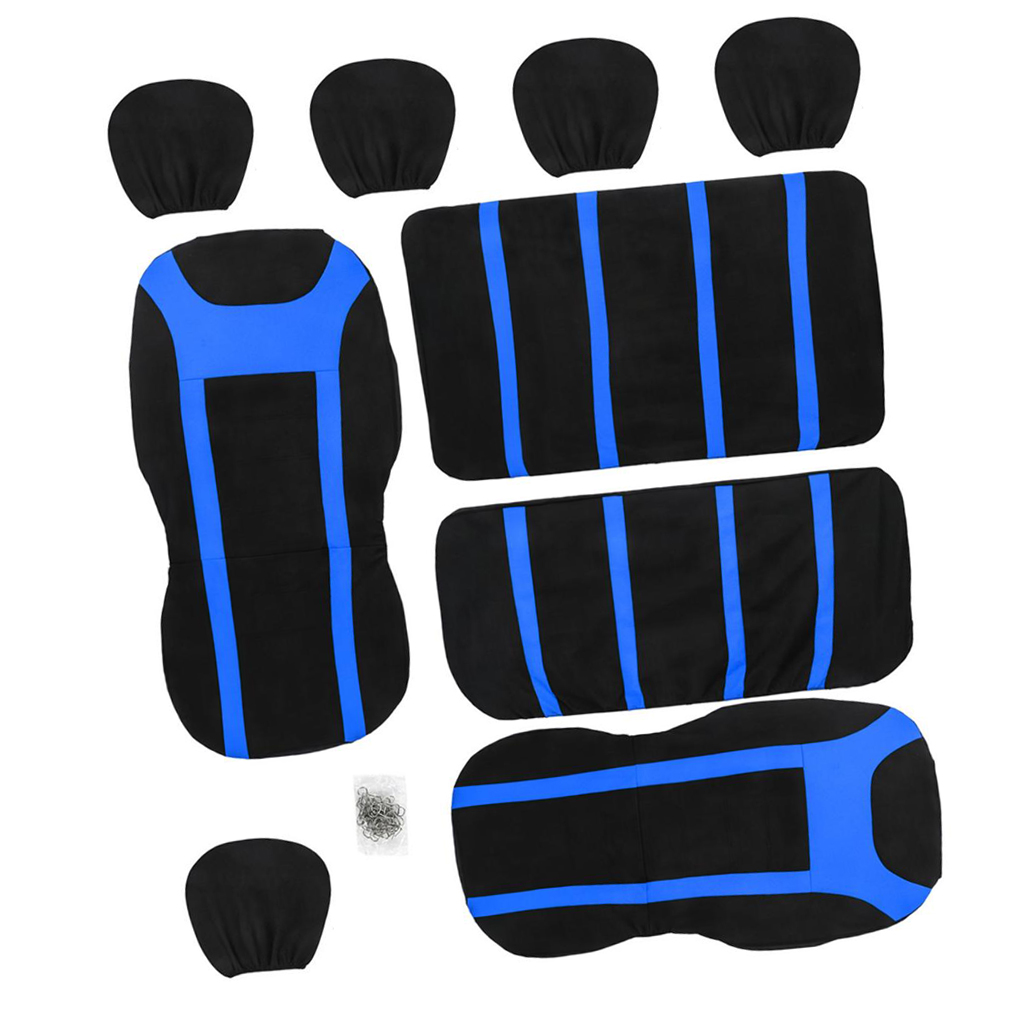SKAIFALL® 9Pcs Universal Car Seat Covers Breathable Cushion Full Set Black & Blue