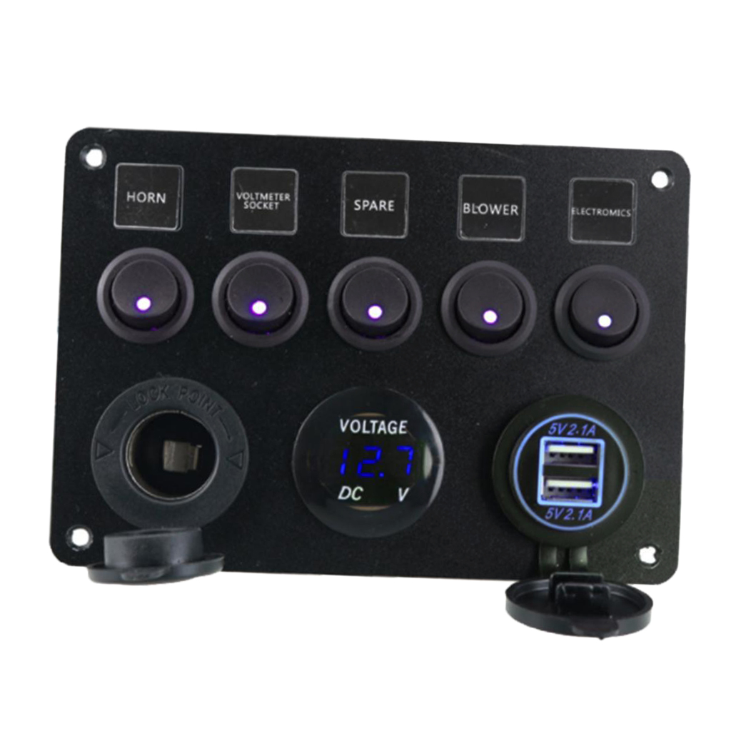 SKAIFALL® 5 Gang Led Rocker Switches Control Panel Circuit Charger Car Marine Blue - Image 3