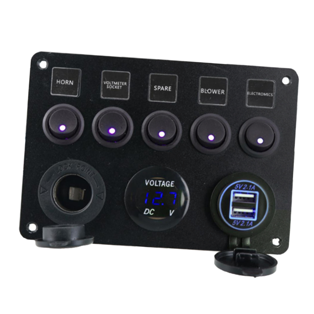 SKAIFALL® 5 Gang Led Rocker Switches Control Panel Circuit Charger Car Marine Blue - Image 5