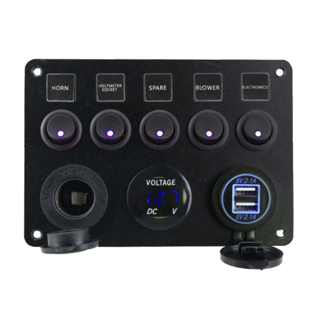 SKAIFALL® 5 Gang Led Rocker Switches Control Panel Circuit Charger Car Marine Blue